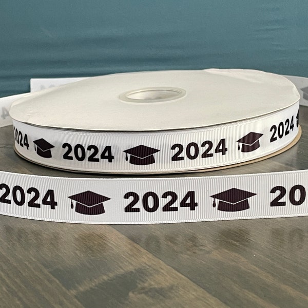 2024 graduation ribbon in black, gold, or silver, 7/8" grosgrain 2024 ribbon that is great for making leis, mums or cheer bow