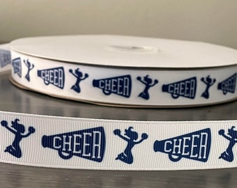 cheer ribbon navy blue and white, 7/8" grosgrain ribbon, 7/8" ribbon that is great for making leis, mums or cheer bows, navy blue cheer