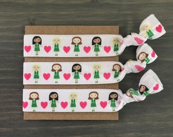 junior hair ties, bridging gift, camp swaps, creaseless hair ties, pony tail holders, elastic hair tie bracelet