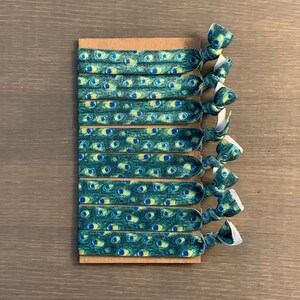 peacock elastic hair tie bracelets, set of 8 ponytail holders, peacock creaseless hair ties, peacock party favors, peacock bracelet