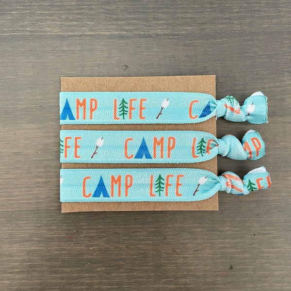 camp life hair ties, bridging gift, camp swaps, creaseless hair tie bracelets, pony tail holders, set of 3 camp life hair ties in blue