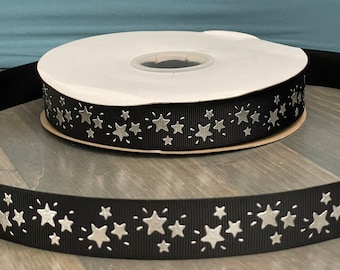silver stars on black ribbon, 7/8" grosgrain ribbon, 7/8" ribbon that is great for making leis or mums