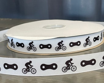 bicyclist ribbon, 7/8" grosgrain ribbon, bike and chain diy craft ribbon, diy hair bow,  biker gift, biking ribbon