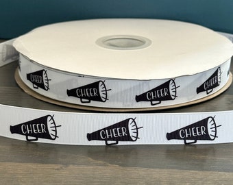 cheer ribbon in black and white, 7/8" grosgrain ribbon, 7/8" ribbon that is great for making leis, mums or cheer bows, black and white cheer