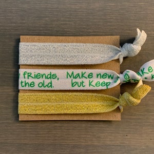 make new friends hair ties, bridging gift, camp swaps, creaseless hair ties, elastic hair tie bracelet, set of 3 ponytail holders
