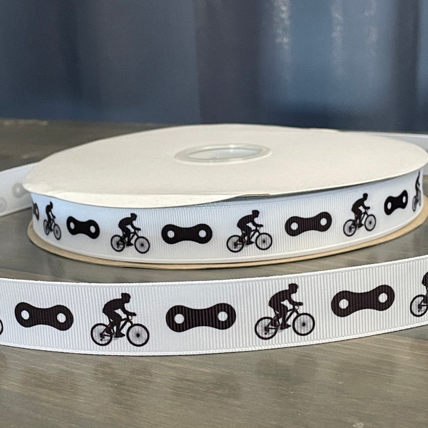 bicyclist ribbon, 7/8" grosgrain ribbon, bike and chain diy craft ribbon, diy hair bow,  biker gift, biking ribbon