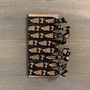 cheer hair ties, black and gold cheerleader gift, cheer team gift, high school cheer, set of 8 ponytail holders, cheer mom, cheer captain