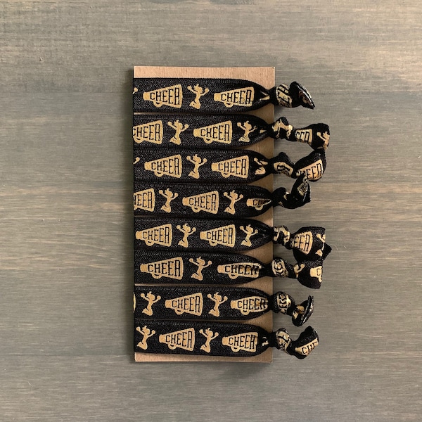 cheer hair ties, black and gold cheerleader gift, cheer team gift, high school cheer, set of 8 ponytail holders, cheer mom, cheer captain