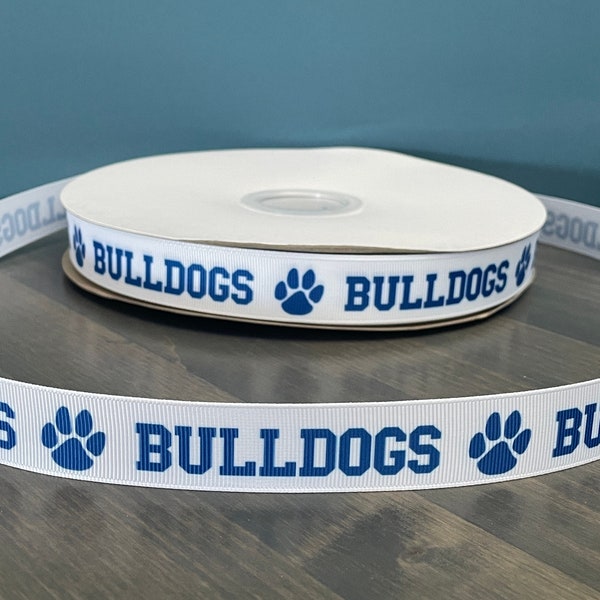 bulldogs ribbon in white and blue, 7/8” grosgrain ribbon, school mascot ribbon, ribbon for lei making