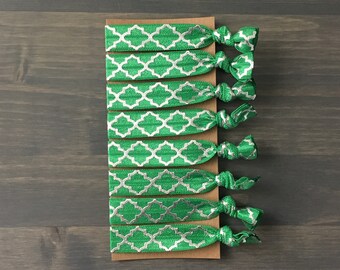 hair ties, set of 8 pony tails, trefoil pattern, bridging gift, fold over elastic, silver and green quatrefoil