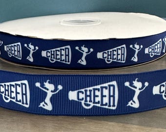 cheer ribbon in navy blue and white, 7/8" grosgrain ribbon, 7/8" ribbon that is great for making leis, mums or cheer bows, navy blue cheer