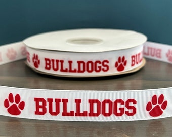 bulldogs ribbon in white and red, 7/8” grosgrain ribbon, school mascot ribbon, ribbon for lei making