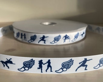 track and field ribbon in navy blue, 7/8" grosgrain ribbon, hurdler ribbon, high jump ribbon, relay race ribbon, shot put thrower ribbon