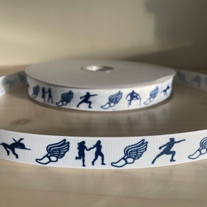 track and field ribbon in navy blue, 7/8" grosgrain ribbon, hurdler ribbon, high jump ribbon, relay race ribbon, shot put thrower ribbon