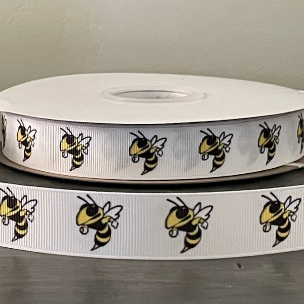 bumblebee print ribbon, 7/8” grosgrain ribbon, school mascot ribbon, bumble bee ribbon, yellow jackets ribbon