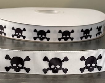 skull and crossbones ribbon, 7/8” grosgrain ribbon, school mascot ribbon, crossbones ribbon