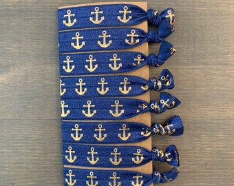 anchor elastic hair ties, set of 8 gold anchor hair tie bracelets, anchor ponytail holders, navy blue and gold