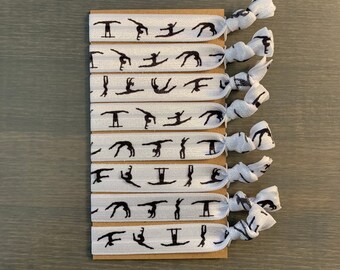 gymnastics hair ties, set of 8 ponytail holders, gymnastics party favors, gymnastics creaseless hair tie bracelets, gymnast team gift
