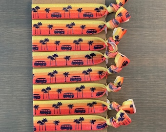 palm tree and bus elastic hair ties, set of 8 ponytail holders, hair tie bracelets for surfer girl