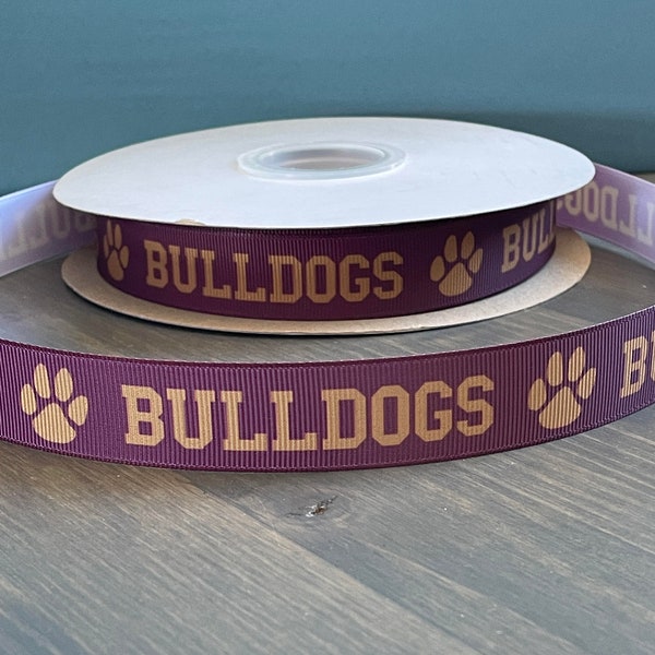 bulldogs ribbon in maroon and gold, 7/8” grosgrain ribbon, school mascot ribbon, ribbon for lei making