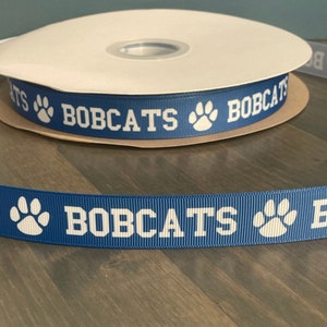 Bobcats ribbon, 7/8" grosgrain ribbon, ribbon that is great for making leis, mums or cheer bows, blue and white bobcats school ribbon