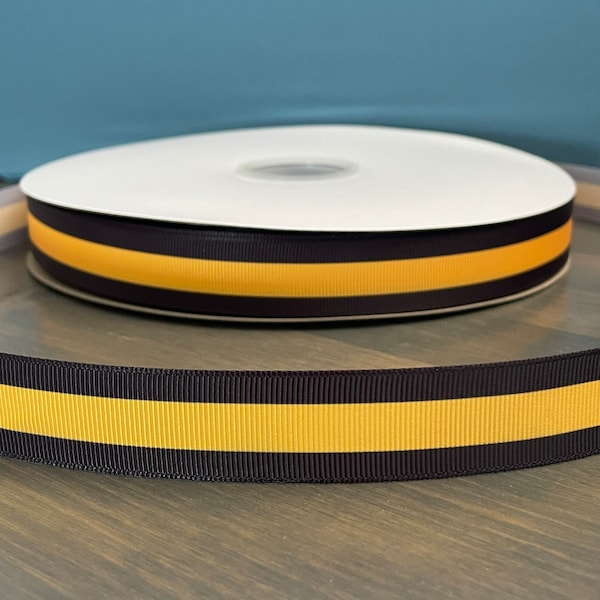 black and golden yellow striped ribbon, 7/8” grosgrain ribbon, school colors ribbon, golden yellow and black ribbon