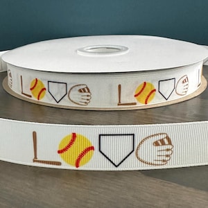 softball love ribbon, 7/8" grosgrain ribbon, softball bat, ball, home plate and glove ribbon