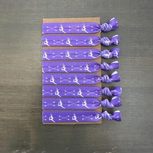 baton twirling elastic hair ties, set of 8 ponytail holders, baton twirler gift, baton twirler hair tie bracelets in purple and white