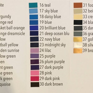 May include: Color chart with numbered color swatches. Colors include white, red, burgundy, orange, yellow, green, blue, purple, pink, and brown. Each color has a name, such as "sky blue" and "dark pink".