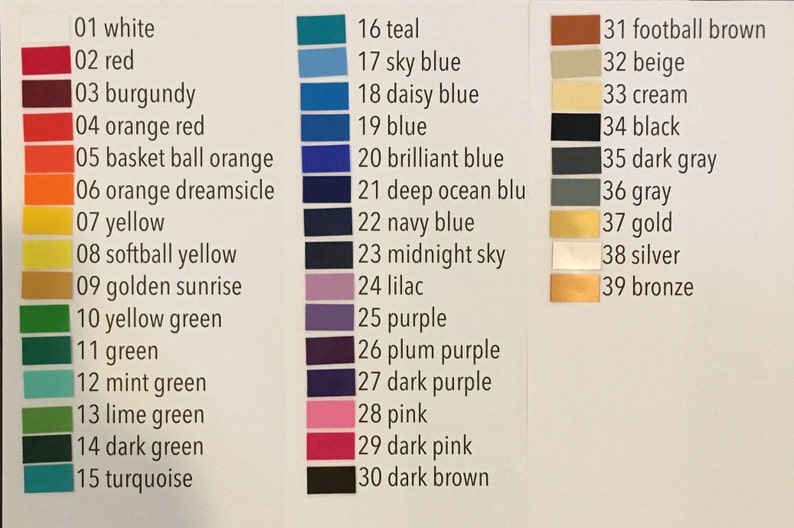 May include: Color chart with numbered color swatches. Colors include white, red, burgundy, orange, yellow, green, blue, purple, pink, and brown. Each color has a name, such as "sky blue" and "dark pink".