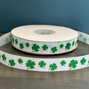 shamrocks ribbon in green and white, 7/8” grosgrain ribbon, school mascot ribbon, green shamrocks