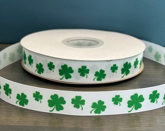 shamrocks ribbon in green and white, 7/8” grosgrain ribbon, school mascot ribbon, green shamrocks