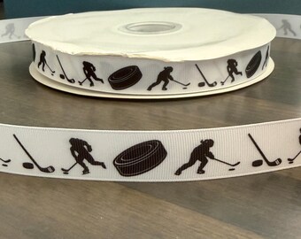 girl hockey ribbon, 7/8" grosgrain ribbon, hockey puck, hockey stick, girl hockey player ribbon