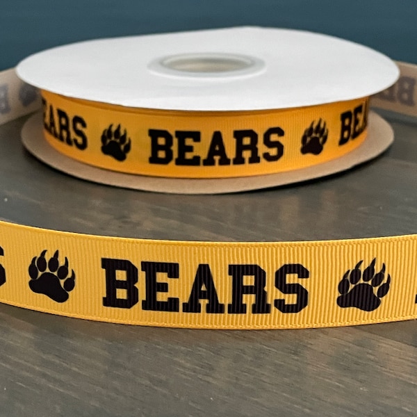 Bears ribbon, 7/8" grosgrain ribbon that is great for making leis, mums or cheer bows, bears ribbon with design in black and golden yellow