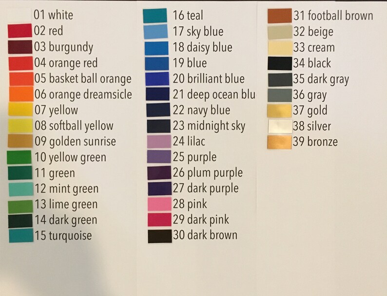 May include: A color chart with 39 different paint colors, numbered and labeled with their names. The colors are arranged in three columns, with the first column containing shades of red, orange, yellow, and green, the second column containing shades of blue, purple, and pink, and the third column containing shades of brown, beige, gray, and metallic colors.