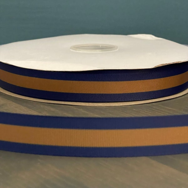 navy blue and gold ribbon, 7/8” grosgrain ribbon, school colors ribbon, navy blue & gold school colors ribbon, navy with gold stripe ribbon