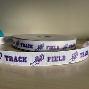 track and field ribbon in purple, 7/8" grosgrain ribbon, purple track and field ribbon, diy ribbon for leis, ribbon for homecoming mums