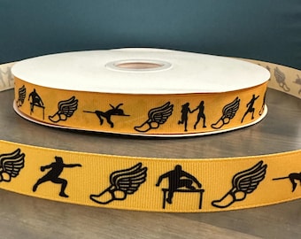 track and field ribbon in black and golden yellow, 7/8" grosgrain, hurdler, high jump ribbon, relay race ribbon, shot put thrower ribbon