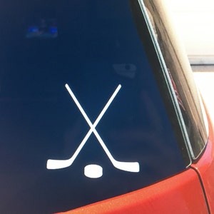 hockey decal, hockey puck sticker, hockey stick vinyl car window decal, ice hockey, roller hockey, hockey coach gift