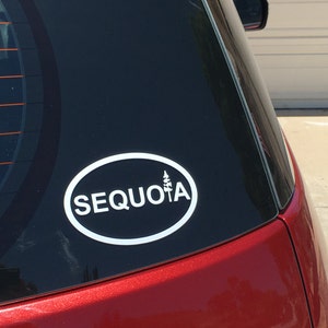 May include: A white vinyl sticker with the word "SEQUOIA" in a circle with a small tree silhouette inside the circle. The sticker is on the back window of a red car.