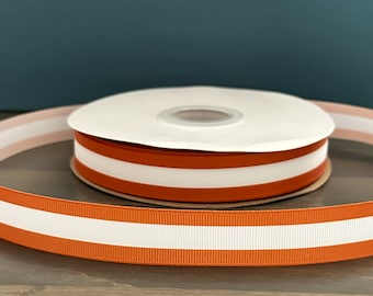 burnt orange and white striped ribbon, 7/8” grosgrain ribbon, school colors ribbon, burnt orange and white ribbon