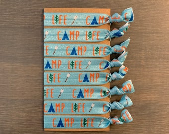 camping hair ties, set of 8 camp life ponytail holders, camper elastic hair tie bracelets, summer camp gift, gift for girl