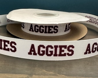 Cinta AGGIES, cinta de grosgrain de 22,3 cm (7/8") en blanco y burdeos/granate, cinta de 22,3 cm (7/8") ideal para hacer guirnaldas, ramilletes o lazos de animadora.