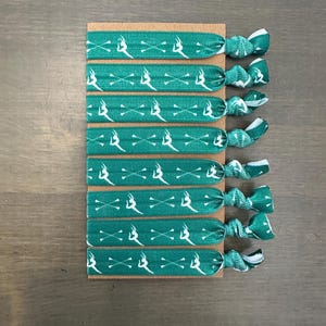 baton twirling elastic hair ties, set of 8 ponytail holders, baton twirler gift, baton twirler hair tie bracelets in hunter green and white