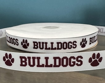Cinta de bulldogs en blanco y granate/burdeos, cinta de grosgrain de 7/8”, cinta de mascota escolar, cinta para hacer lei
