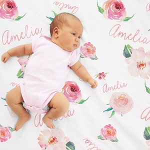 Personalized Baby Girl Name Blanket, Floral watercolor print coralBB115 image 8