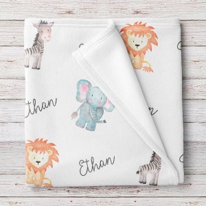 Personalized Baby Name Blanket, Safari animals print, Custom baby boy or girl gift (BB118)