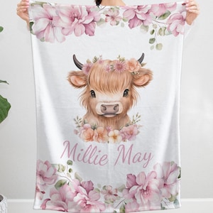 Highland Cow Floral Farm Custom Baby Girl Personalized Name Blanket