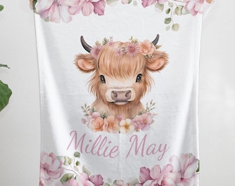 Highland Cow Floral Farm Custom Baby Girl Personalized Name Blanket