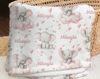 Custom Elephants balloons Baby Blanket - Personalized Name Blanket for Girl - pink gray Shower Gift